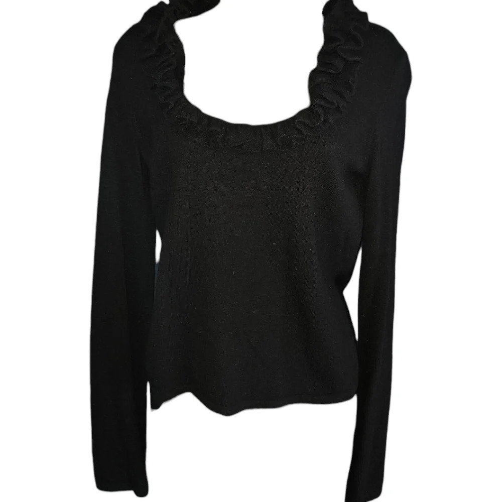 City DKNY Ruffled Collar Long Sleeve Lambs Wool/Cashmere/Rabbit Hair Sweater